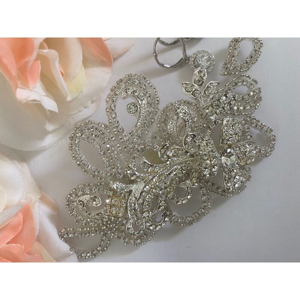 Vtg Bridal Hair Piece Brooch and Earring Set Silver Filigree Rhinestones 4.5"‎ - Picture 12 of 12